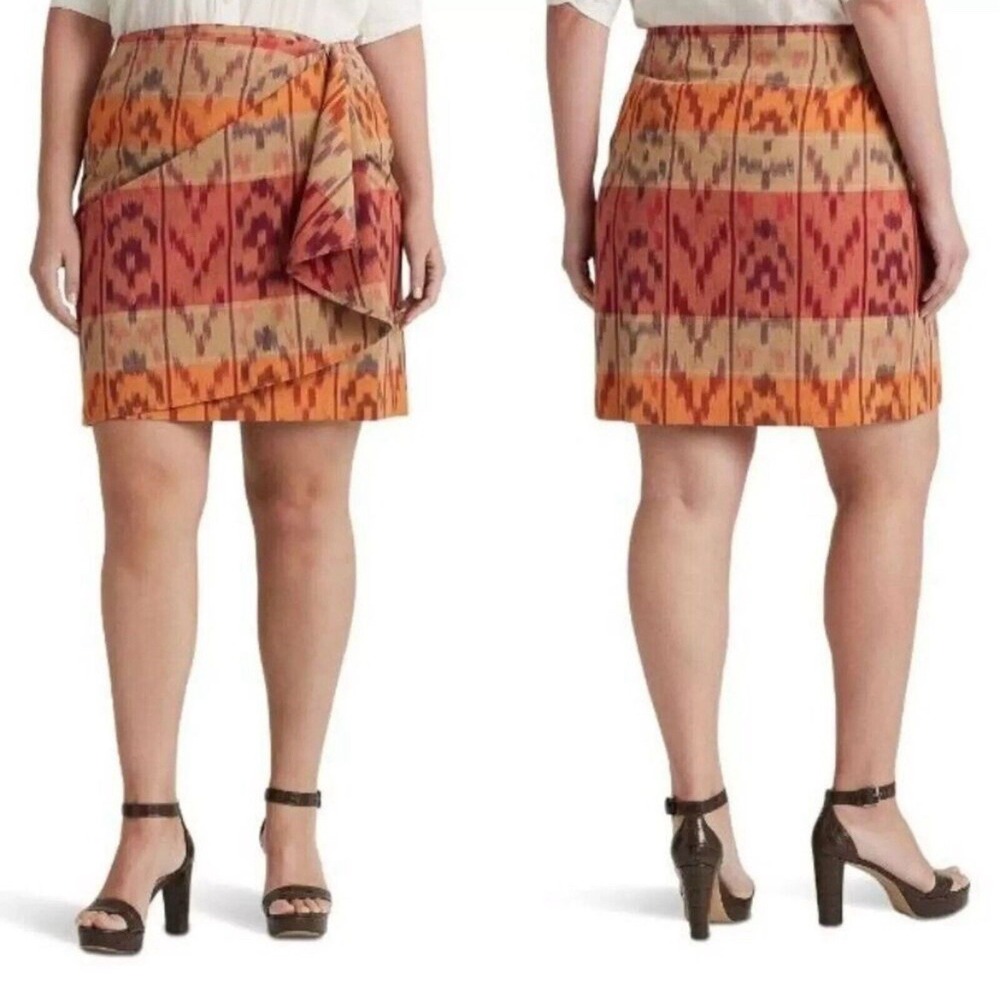 Lauren Ralph Lauren Sz 14 Wrap Skirt Geo Motif Cotton Linen Southwestern Boho